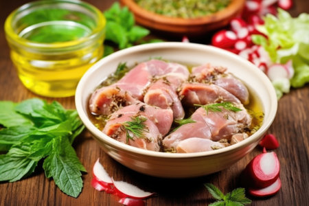 rabbit meat in bowl with herbal marinade, created with generative aiの素材