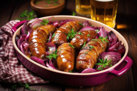 heaping plateful of sausages beautifully dressed with beer-onion mix, created with generative aiの素材
