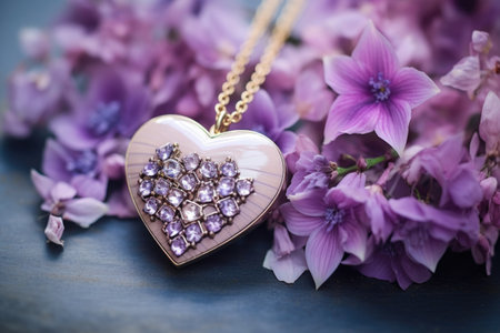 half of a heart-shaped pendant next to faded flowers, created with generative aiの素材