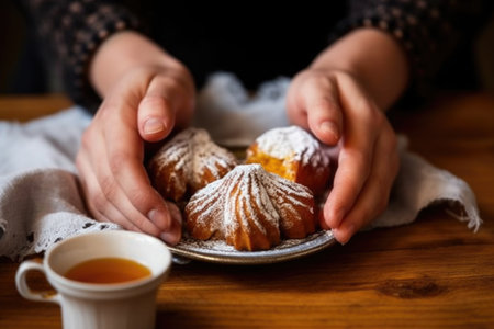 shallow depth of field image of sfogliatella placed center, surrounded by espresso cups and human hands, created with generative aiの素材