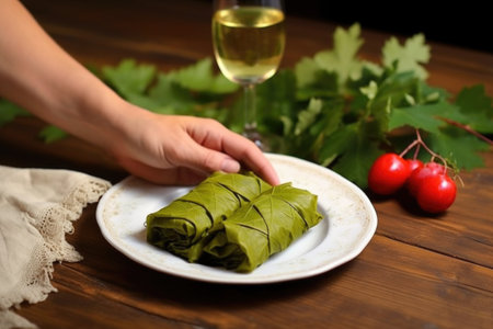 hand unfolding a napkin beside a plate of stuffed vine leaves, created with generative aiの素材