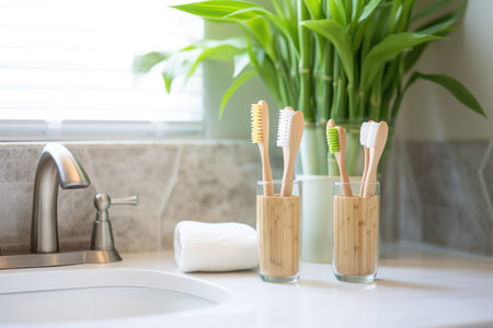 bamboo toothbrushes on a bathroom vanity, created with generative aiの素材