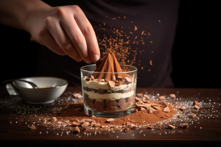 human hand sprinkling chocolate shards on tiramisu, created with generative aiの素材