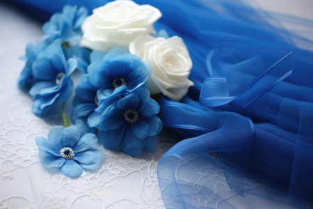 a blue bridal garter grouped with a bouquet and veil, created with generative aiの素材