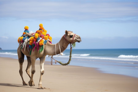 a camel walking on a beach carrying wedding gears, created with generative aiの素材