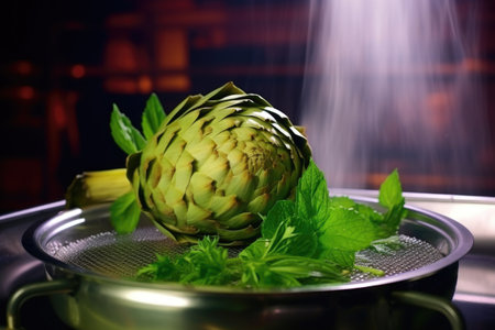 steamed artichoke on metal dish, steam visible, created with generative aiの素材