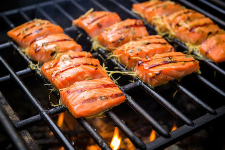 hot grill with salmon fillets basted in apple cider bbq sauce, created with generative aiの素材