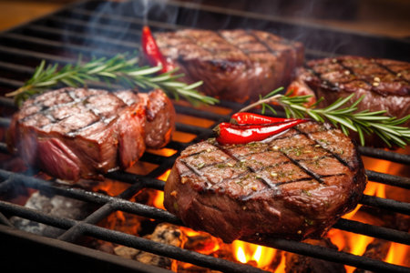 sizzling steaks on a hot bbq grill, created with generative aiの素材