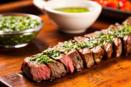 close-up of churrasco with chimichurri sauce on the side, created with generative aiの素材