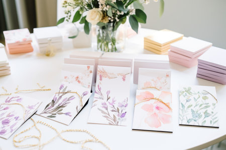 bridal shower invitations arranged on a white table, created with generative aiの素材
