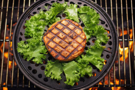 top view of burger being flipped on grill, created with generative aiの素材