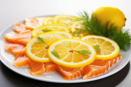 close-up of cedar smoked salmon with lemon slices, created with generative aiの素材