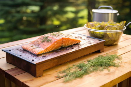 cedar plank and salmon fillet with a lid up smoker, created with generative aiの素材