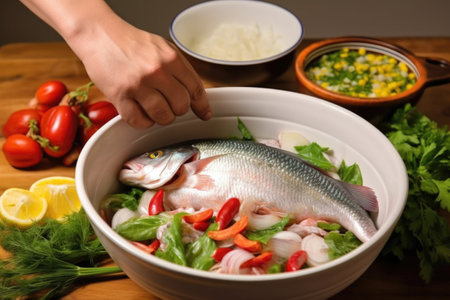 hand placing a sea bass fillet in a bowl for ceviche, created with generative aiの素材