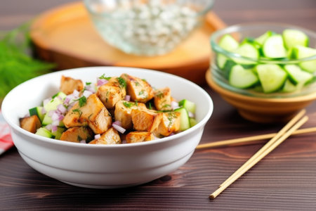 chicken skewers next to a bowl of cucumber salad, created with generative aiの素材