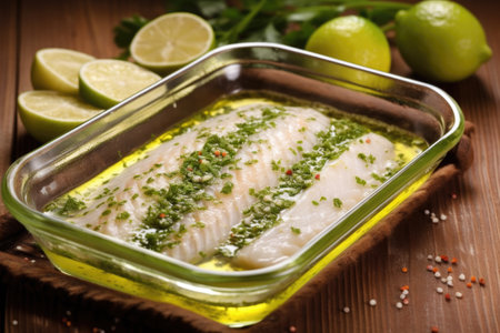 white fish fillet with lime and herb marinade in pan, created with generative aiの素材