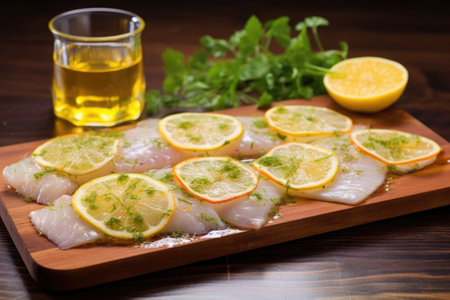 fish fillet marinated in citrus juices on a chopping board, created with generative aiの素材
