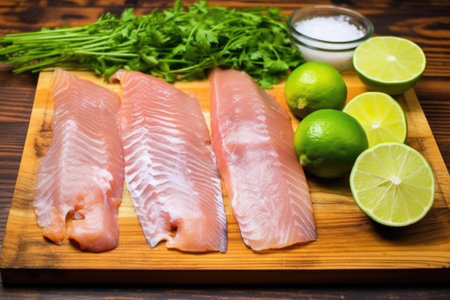 wooden board with raw fillets and lime wedges, created with generative aiの素材