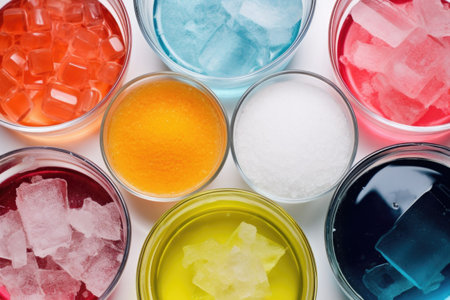 overhead view of various cleanser compounds in petri dishes, created with generative aiの素材