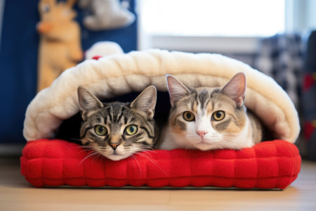 two identical cat beds with a toy mouse near each, created with generative aiの素材