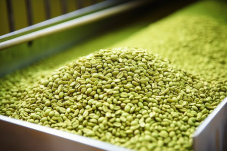 close-up of green coffee beans in a hopper, created with generative aiの素材