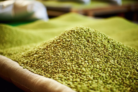 piles of fresh harvest green coffee beans ready for roasting, created with generative aiの素材