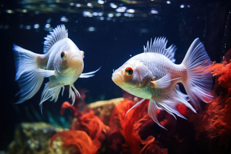two contrasting fish swimming together in a clear aquarium, created with generative aiの素材