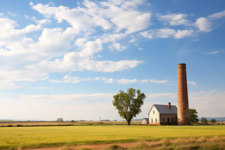 towering brick chimney in a rural landscape, created with generative aiの素材