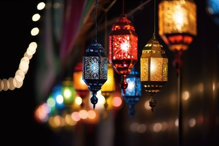 ramadan lanterns illuminated in the night, created with generative aiの素材