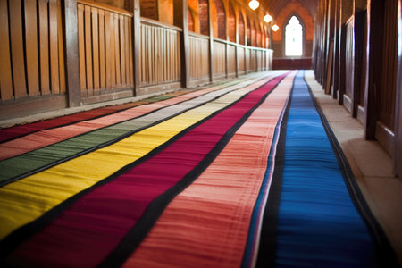islamic prayer mats lined up in a mosque, created with generative aiの素材