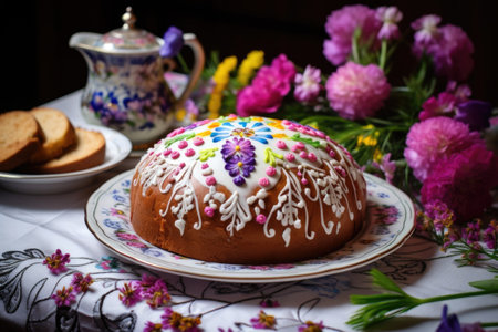 russian birthday bread karavai decorated with floral patterns, created with generative aiの素材