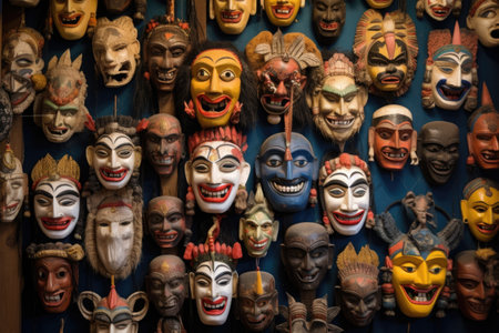 a wall adorned with traditional masks from various cultures, created with generative aiの素材