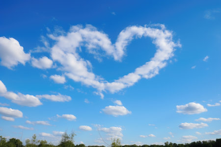 heart-shaped cloud formation in a clear blue sky, created with generative aiの素材