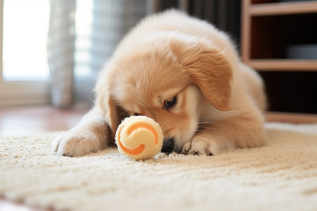 a squeaky toy with a bite mark, lying on a rug, created with generative aiの素材