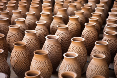 rows of unpainted clay vases, created with generative aiの素材