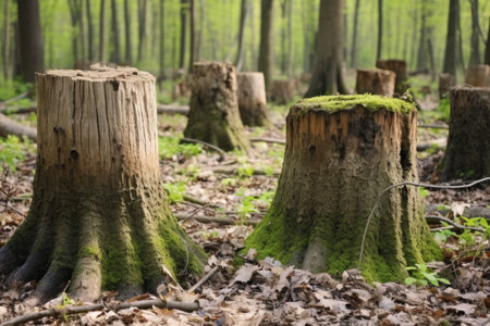 close-up of stumps in a denuded forest land, created with generative aiの素材