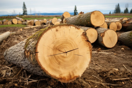 trunk sections of a freshly felled tree close up, created with generative aiの素材