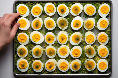 hand arranging deviled eggs in a pattern on a rectangular tray, created with generative aiの素材