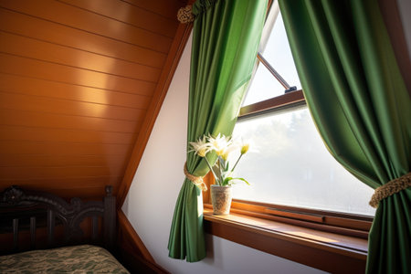 detail of a dutch colonial dormer window with curtains, created with generative aiの素材