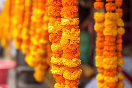 close-up of vibrant marigold flowers strung together for diwali, created with generative aiの素材