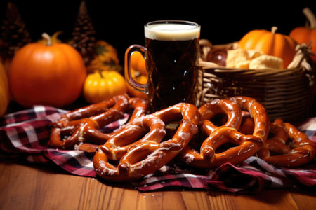close view of bavarian pretzels on a table, created with generative aiの素材
