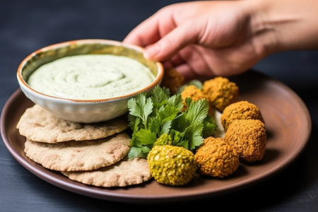 hand holding platter serving falafels, side of tahini sauce visible, created with generative aiの素材