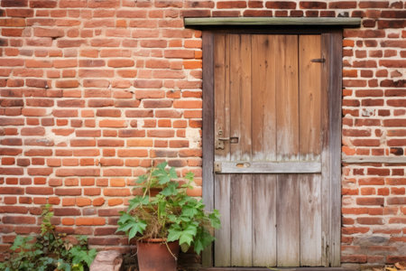 close-up of a wooden door in a brick wall of a farmhouse, created with generative aiの素材