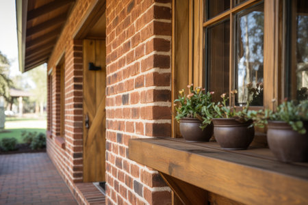 detail of a farmhouses corner where wood meets brick, created with generative aiの素材