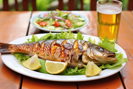 grilled fish with lime glaze and a side salad, created with generative aiの素材