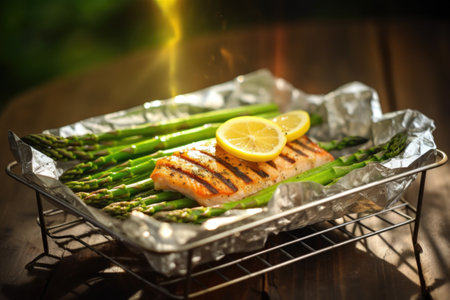 grilled fish and asparagus in a wire basket under natural light, created with generative aiの素材