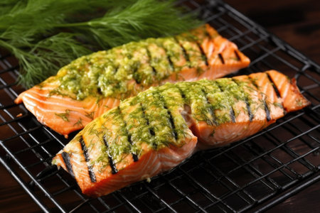 grilled salmon with dill in a wire basket, created with generative aiの素材