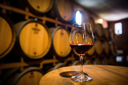 close-up shot of fortified wine glass with blurred barrels in the background, created with generative aiの素材