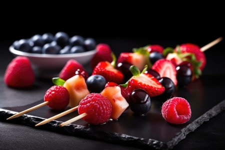 mixed berry skewers on a sleek dark surface, created with generative aiの素材