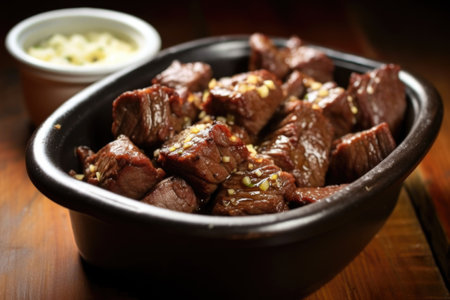 bbq steak tips soaking in a bowl full of garlic sauce, created with generative aiの素材